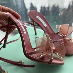AQUAZZURA PINK BOW SILK SANDALS